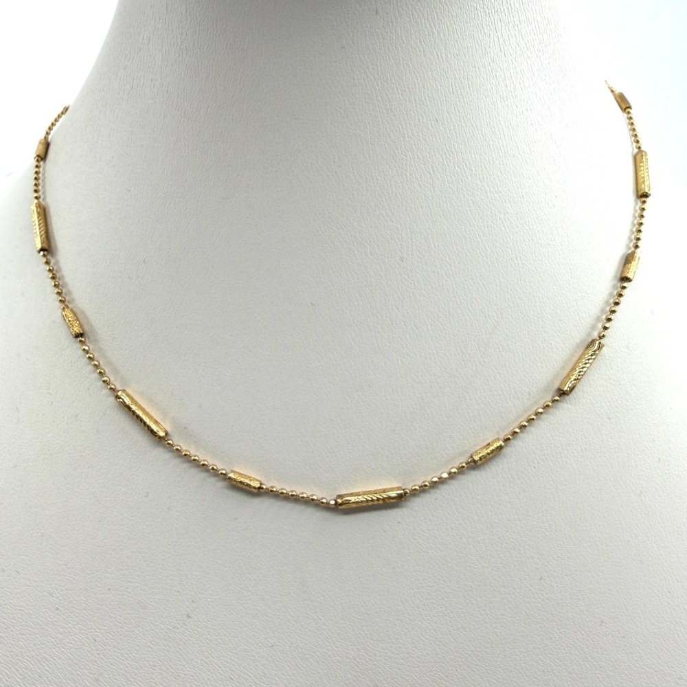 Gold Tone Beaded Chain Necklace Textured Cylinder Beads Delicate Layering Gift